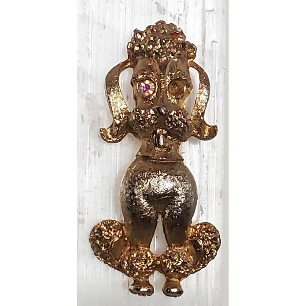VTG Poodle Brooch Gold Brush/Two Tone Aurora Borealis Curly Hair-Do Swag Ears